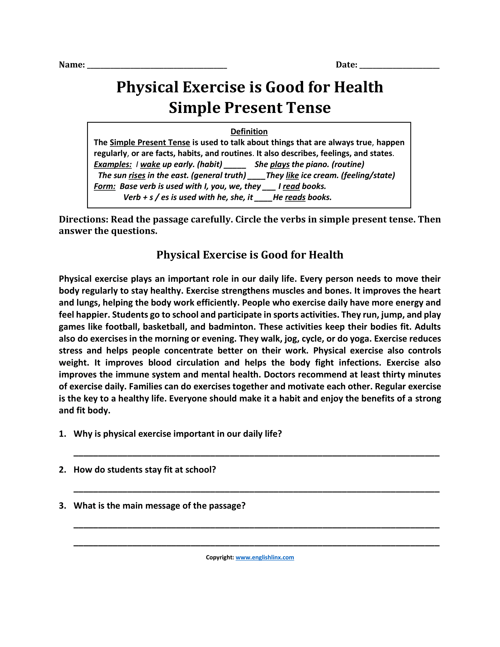 Physical Exercise Simple Present Tense Worksheets
